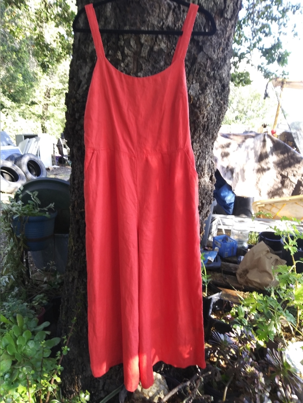 Cynthia Rowley Coral-Red Smocked 100% Linen Jumpsuit *FLAWED*